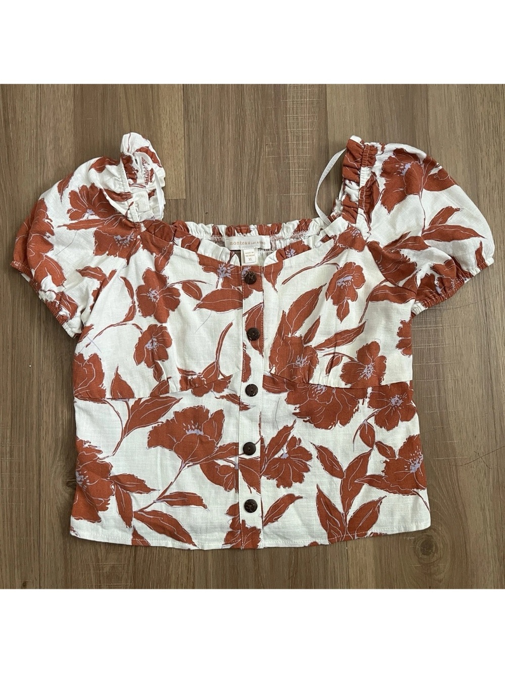 NWT Monteau Women's Linen Blend Floral Crop Top Size XL Ruched Puff Sleeves